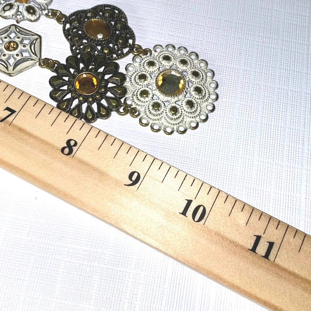 Statement Necklace Gold Tone Geometric Floral Amber Rhinestone Pendant‎ Choker