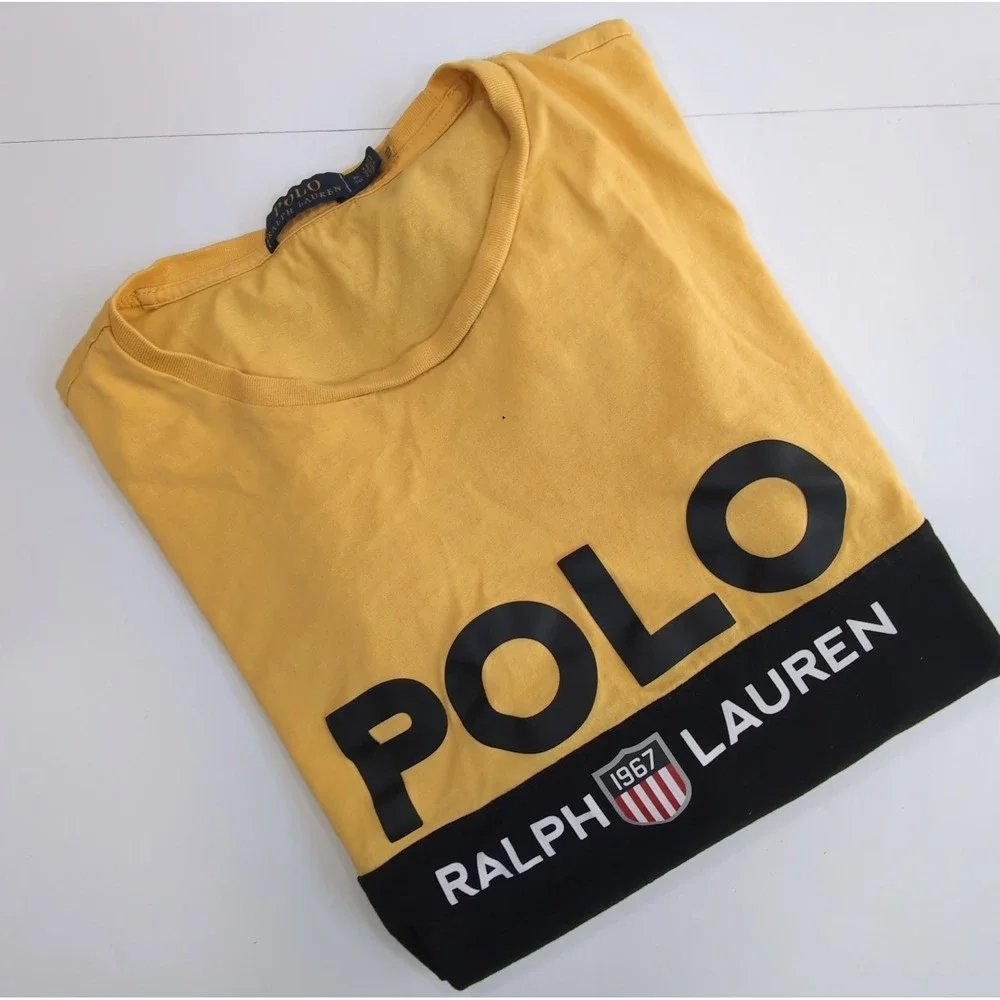 Polo Ralph Lauren T Shirt Mens XL Yellow Black Colorblock Spellout Shield 1967