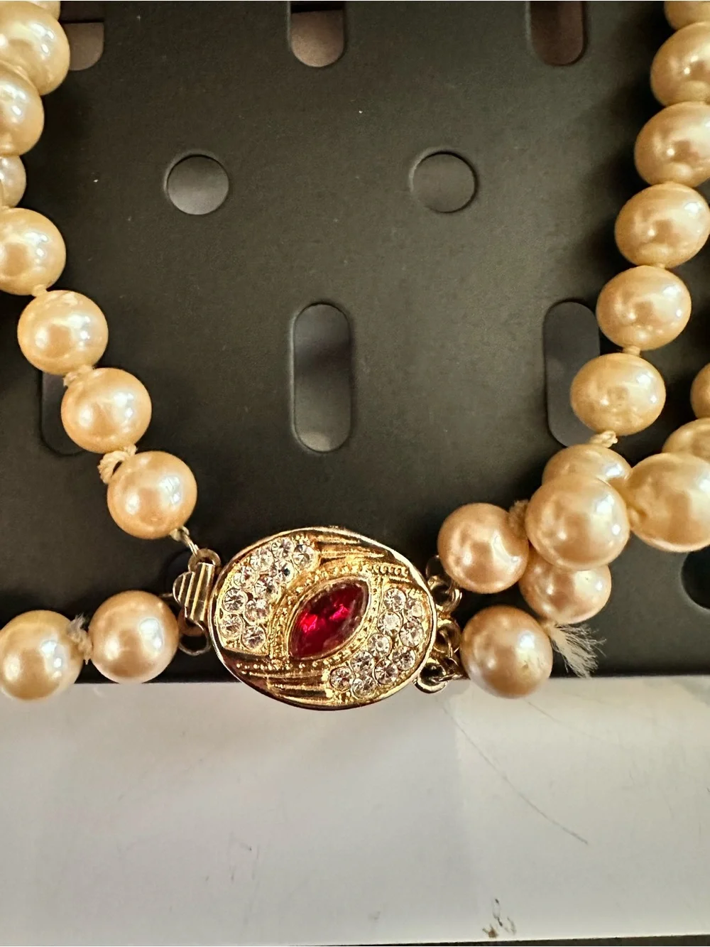 Double-Strand Ivory Pearl Necklace with Gold and Ruby Accent and earrings