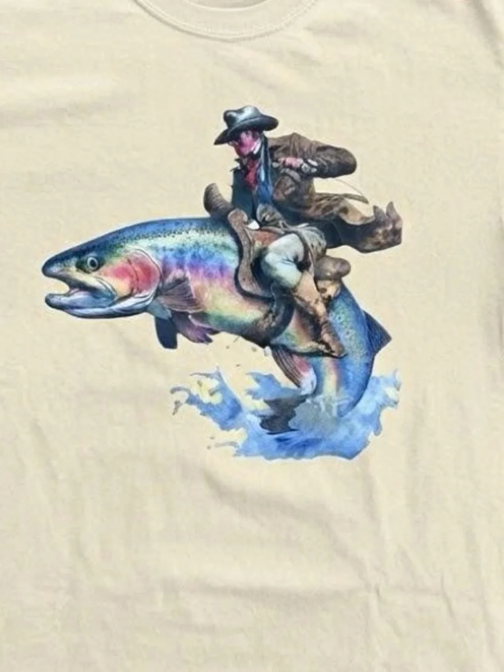 Unbranded Cream T-Shirt with Colorful Trout Rider Graphic