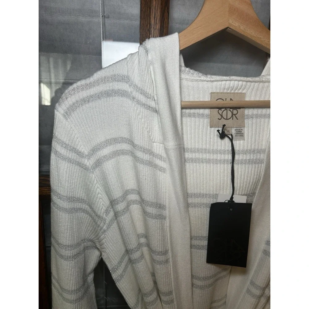 NWT Chaser Striped Hooded‎ Cardigan With Tie White & Metallic Silver Size M
