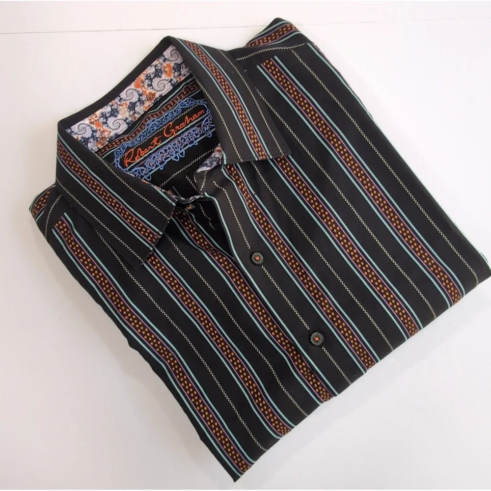 Robert Graham Flip Cuff Shirt Mens XL Classic Fit Black Orange Teal Paisley