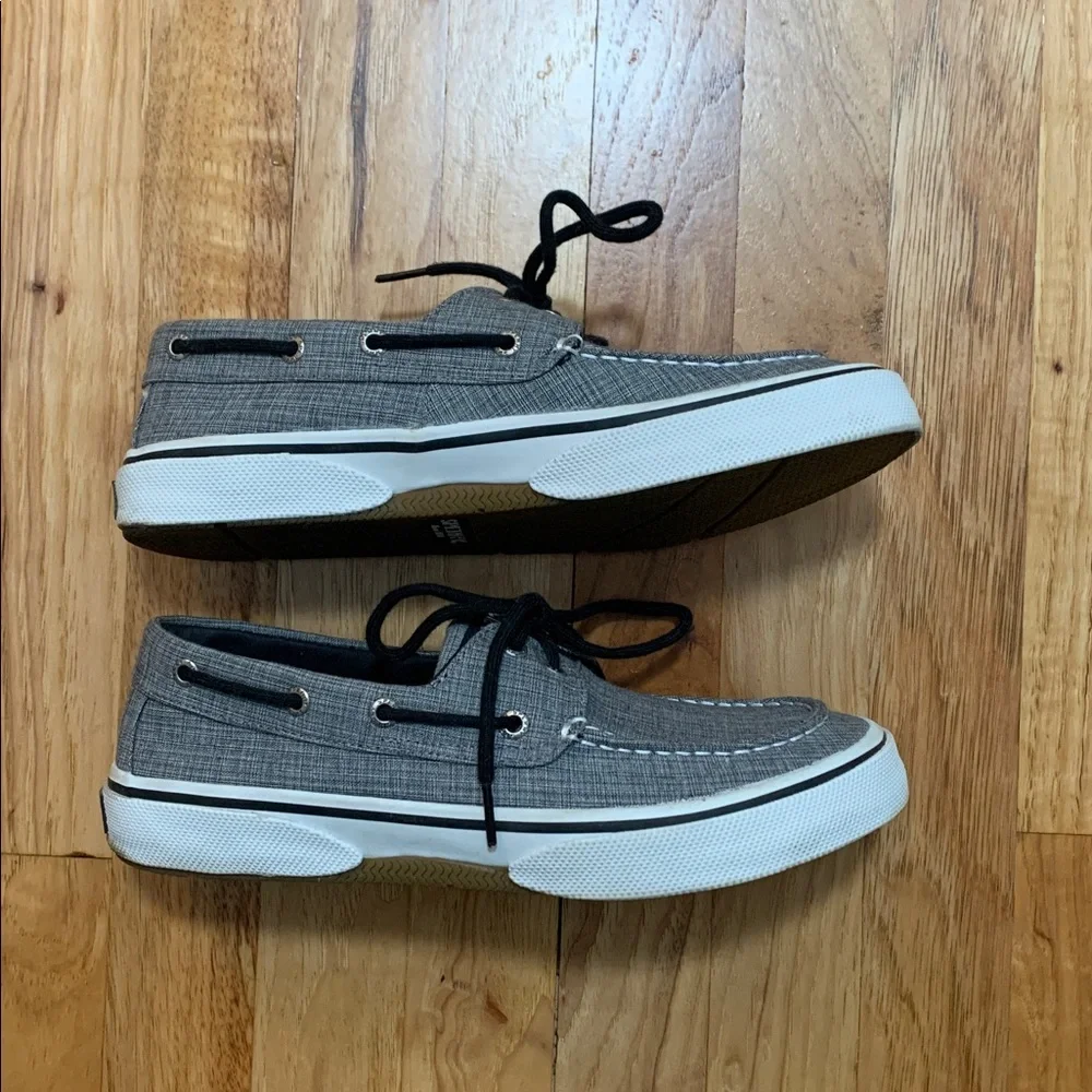 Sperry Gray Canvas Boat Shoes with Black Laces