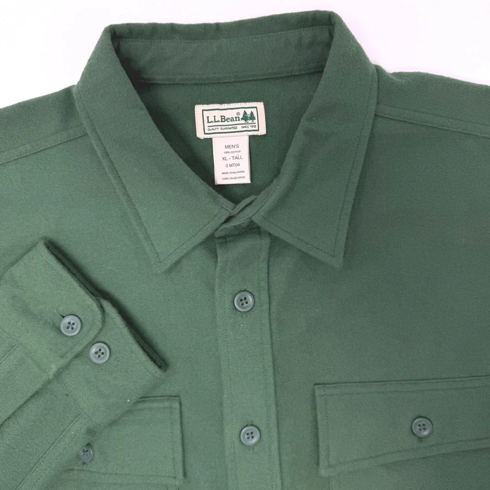 LL Bean Mens XL Tall Forest Green Chamois Cloth Cotton Button Down‎ Shirt