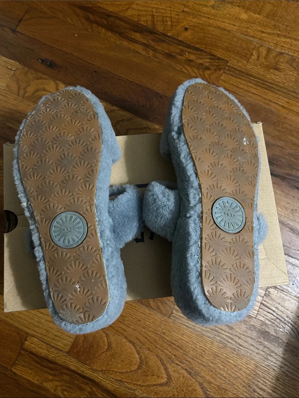 UGG Gray Fluff Double-Strap Slide Sandals with Buckle