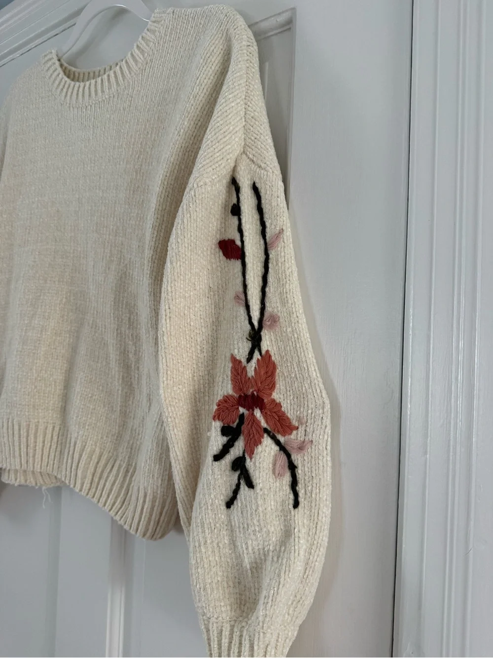 Francesca’s Cream Floral Embroidered Sleeve Sweater