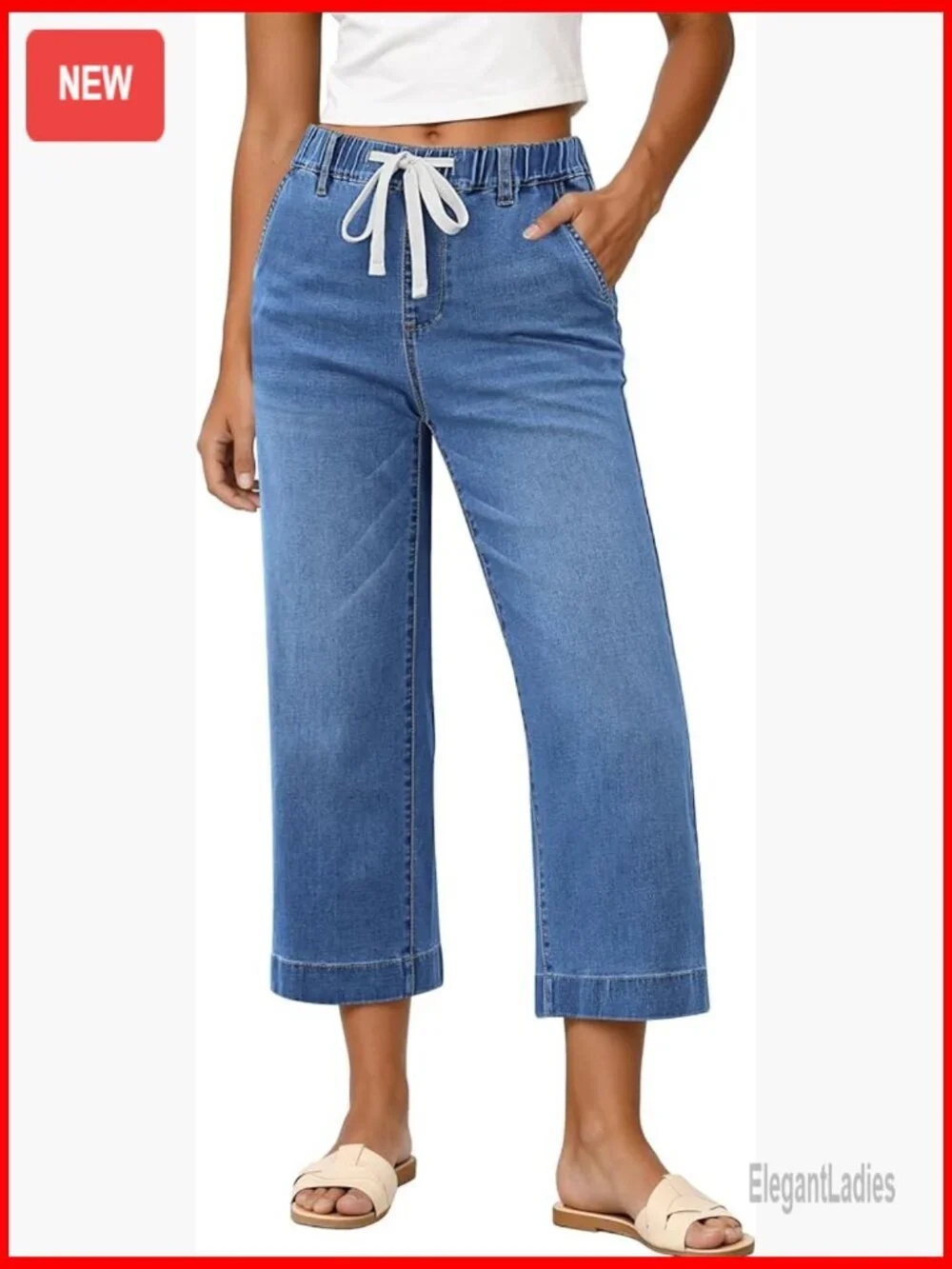 Wide Leg High Waisted Capri Jeans Pull On Elastic Waist Summer Stretch Denim