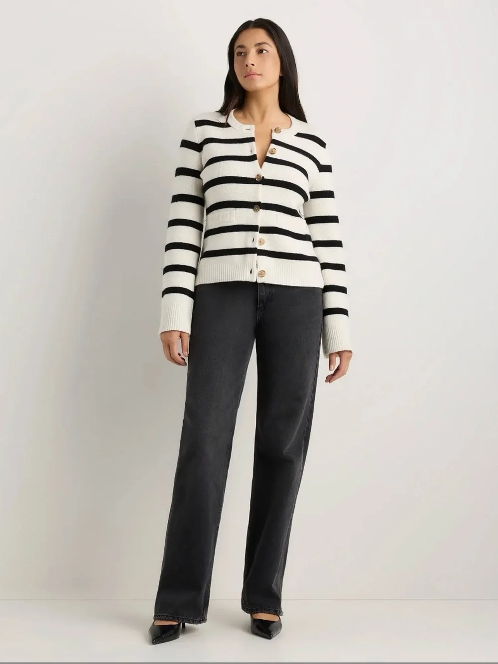 Quince Mongolian Cashmere Structured Cardigan Black & White Striped X-Large 590
