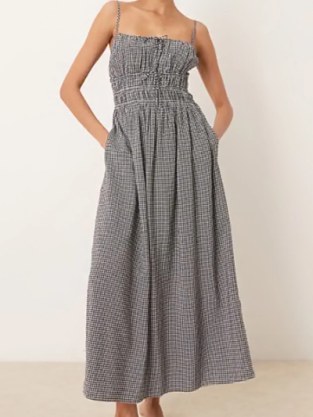 Abercrombie Smocked Gingham Maxi Dress in Black and White