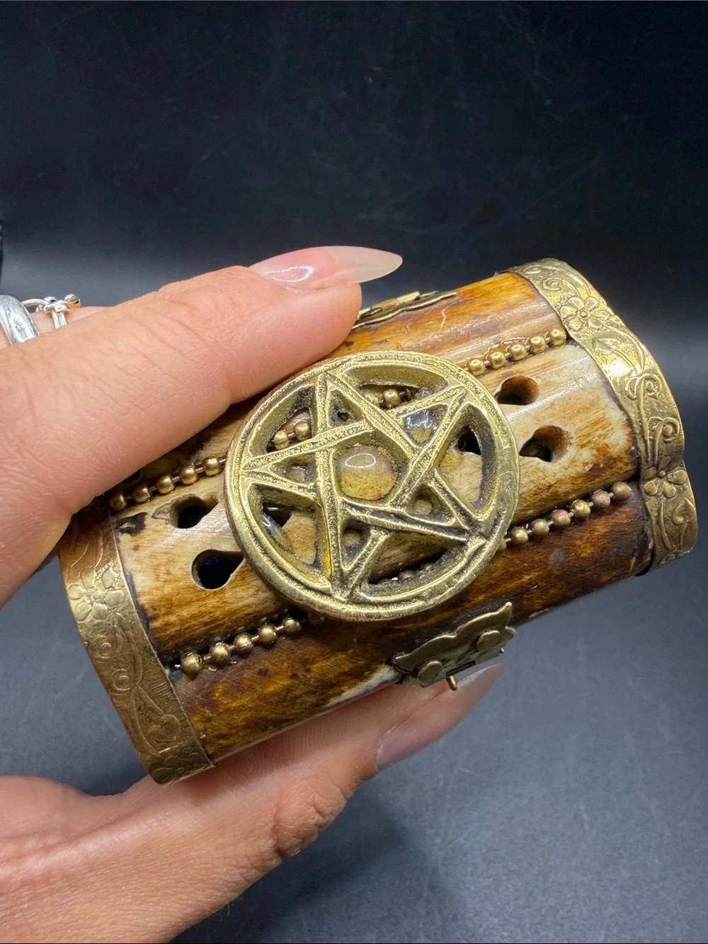 Vintage Bone & Brass Pentagram Star Trinket Treasure Box Hinged Jewelry Box