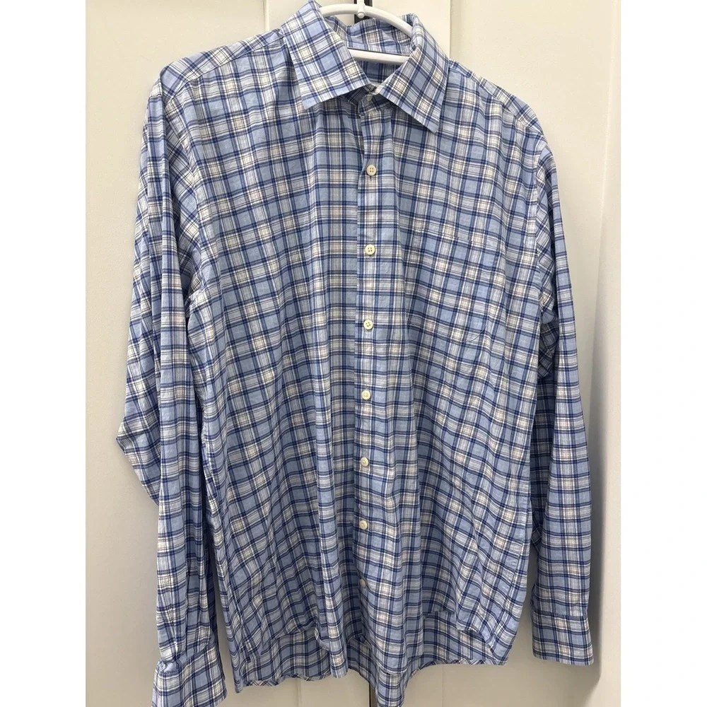 PETER MILLAR Large Blue Plaid Crown Reed Cotton-Blend Sport Shirt