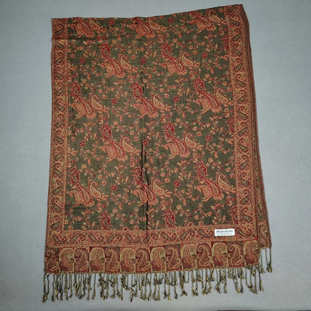 Cashmere Silk Scarf Shawl Paisley Sage Red Fall Vibes Fringe XL 27x72 Pashmina