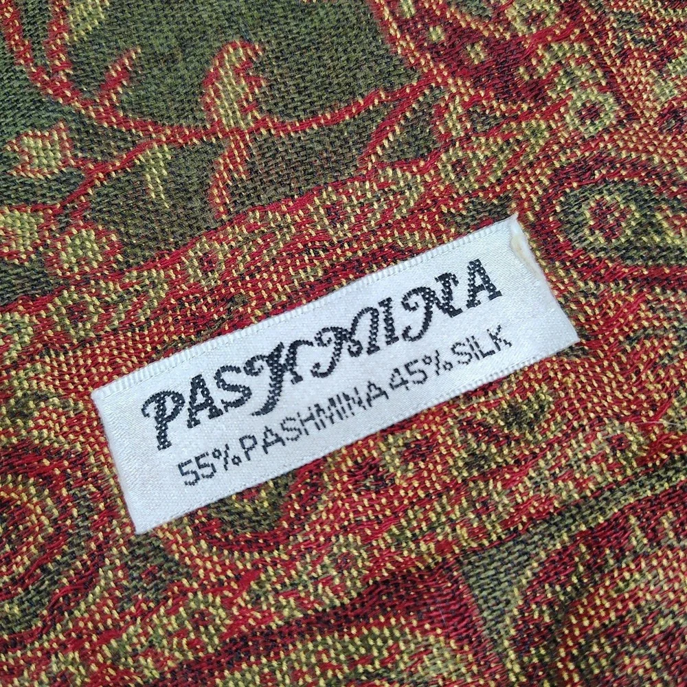 Cashmere Silk Scarf Shawl Paisley Sage Red Fall Vibes Fringe XL 27x72 Pashmina