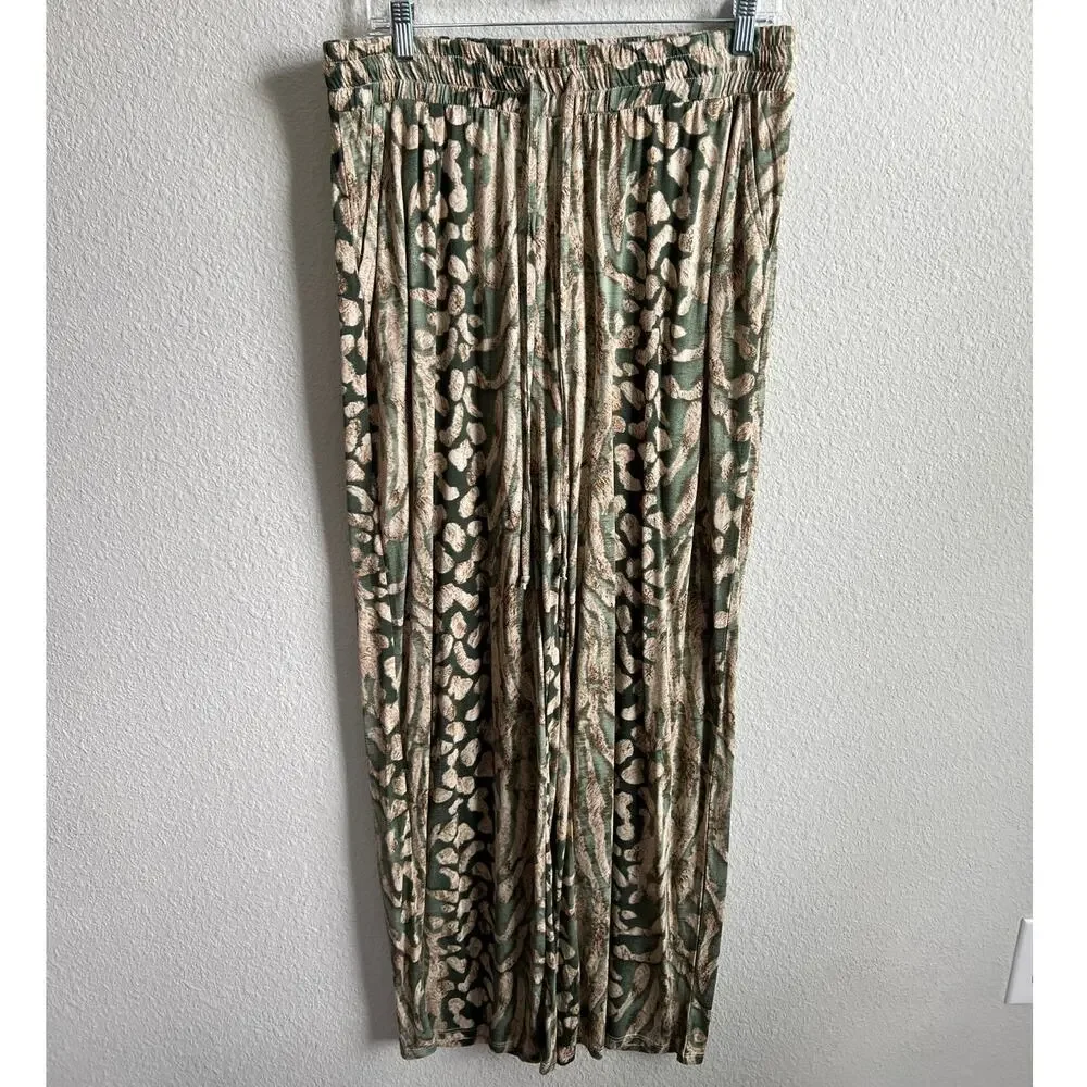 Lascana Green High Rise Wide Leg Flowy Pants Women's 14 All Over Print Modest