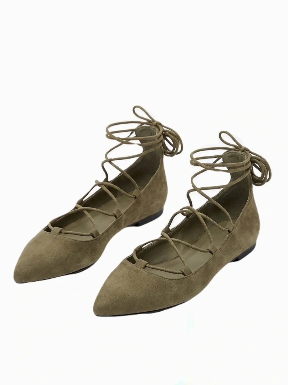 Old Navy Balletcore Woman’s Olive Suade Green Gold Hardware Tie Up Flats Size 8