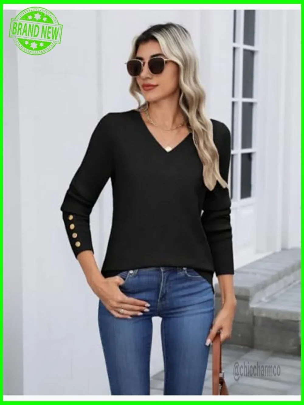 Lightweight Ribbed Knit Pullover Sweater with V-Neck and Button Cuffs