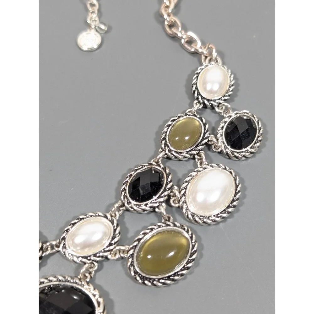 Classic Chic Rope‎ Faux Pearl Oval Cabochon Black Statement Neckalce Retro 19 in