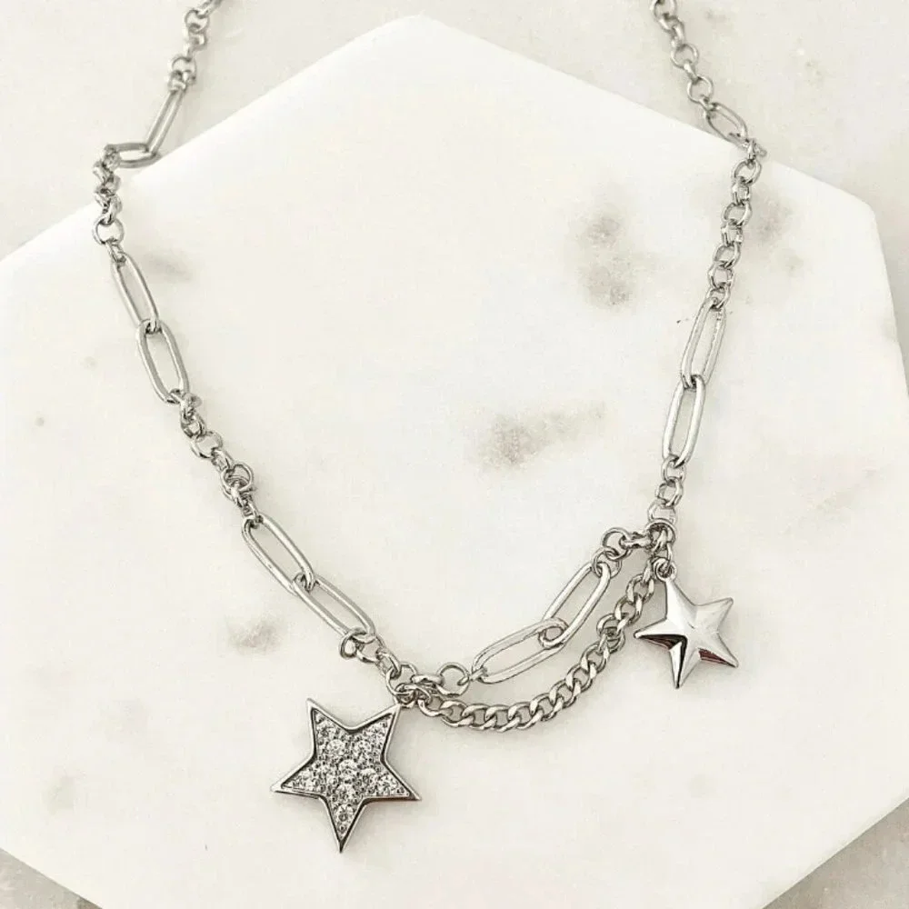 925 Sterling Silver Star Chain Link Necklace Dangle Chain Vintage Necklace
