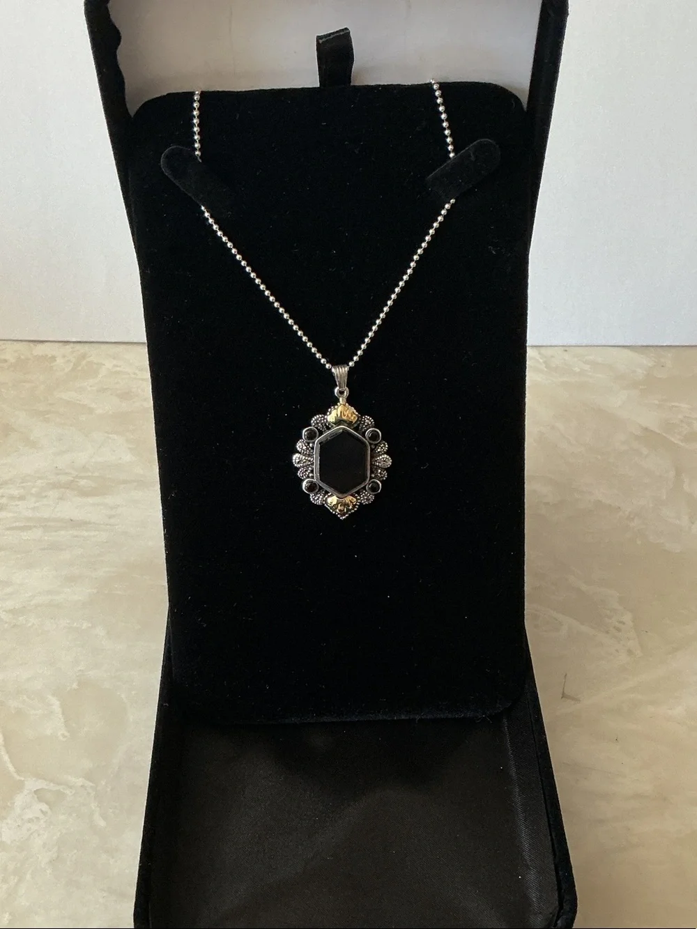 Sterling Silver Black Onyx Pendant Necklace with marcasite Accent Details
