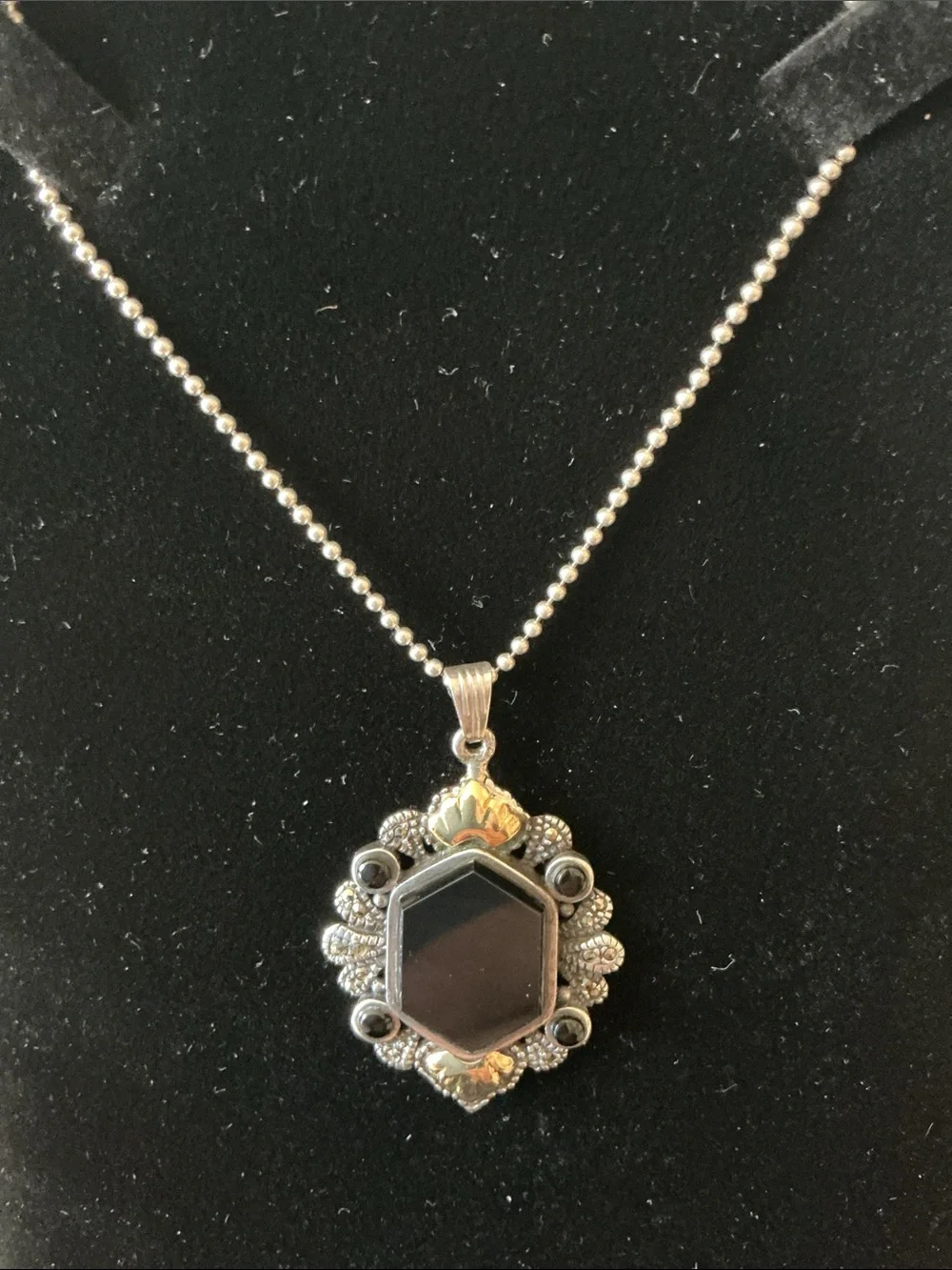 Sterling Silver Black Onyx Pendant Necklace with marcasite Accent Details