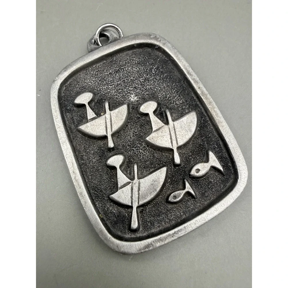 Sailboat Fish Nautical Pendant Pewter Tone Metal Rectangular Textured Charm