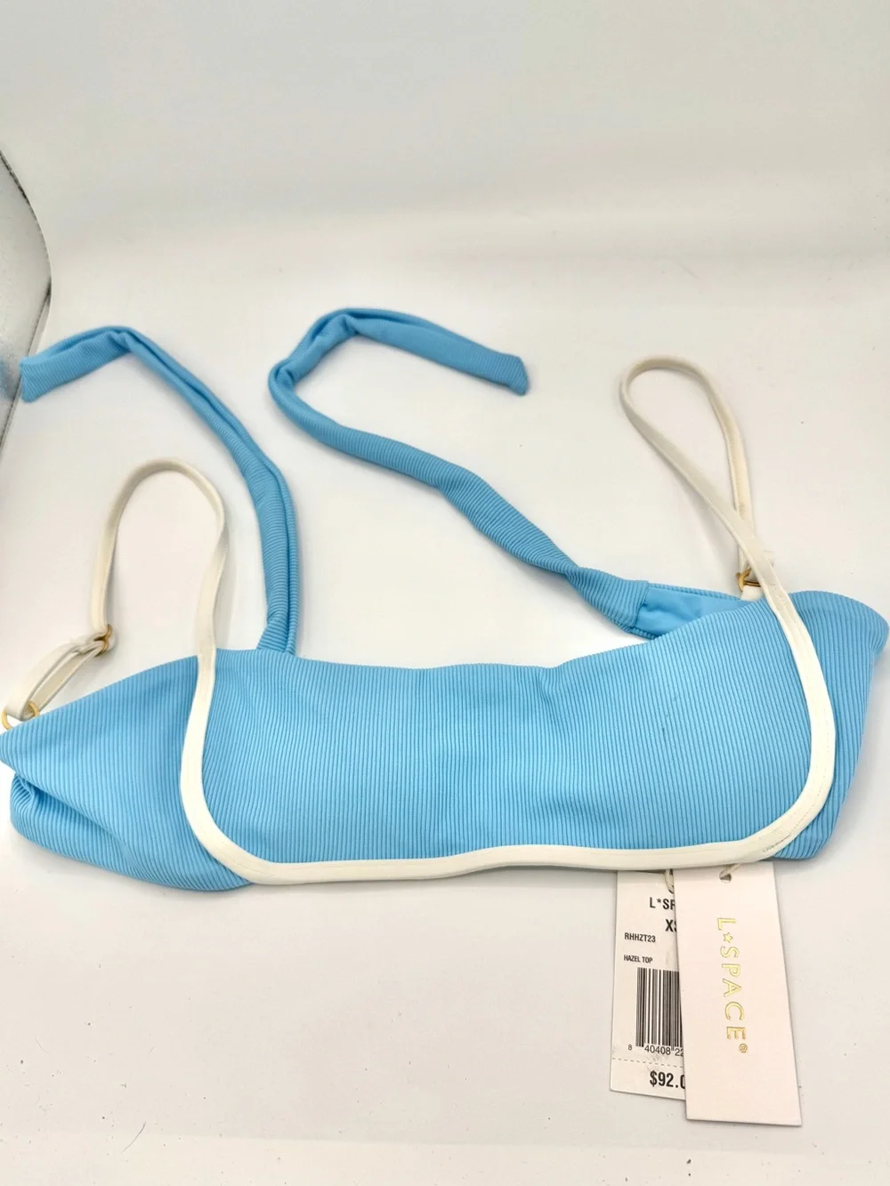 NWT L Space Hazel Swim Top in Seaspray Blue / Cream , Ribbed Bikini