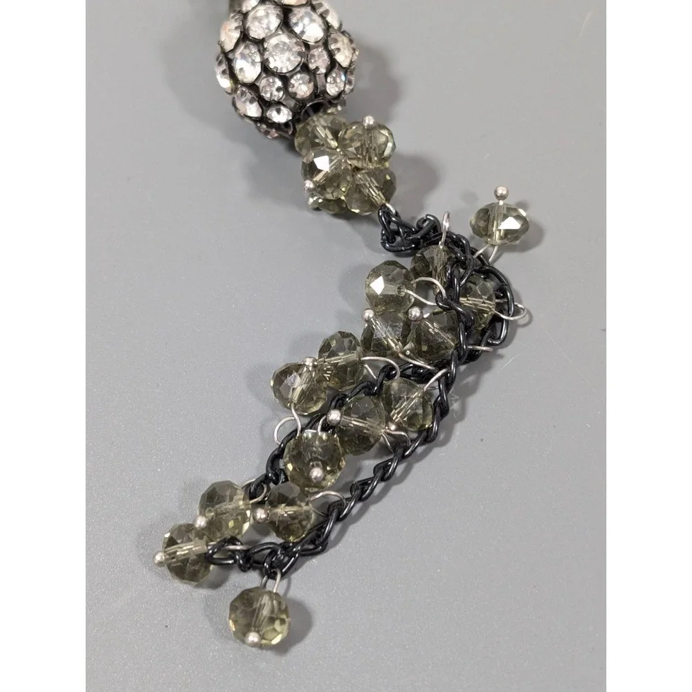 Smokey Gray Bead Crystal Ball Black‎ Multi Chain Tassel Necklace 28