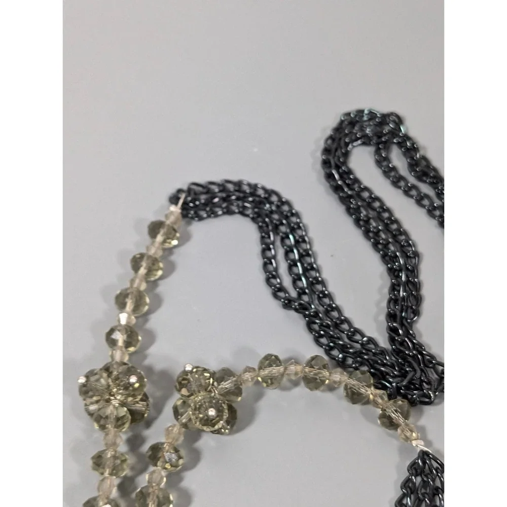 Smokey Gray Bead Crystal Ball Black‎ Multi Chain Tassel Necklace 28