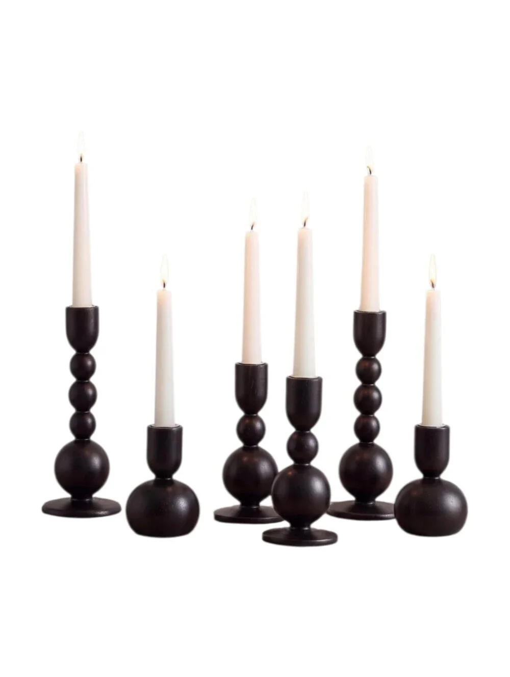 6 Piece Vintage Inspired Rubberwood Candle Stick Holders