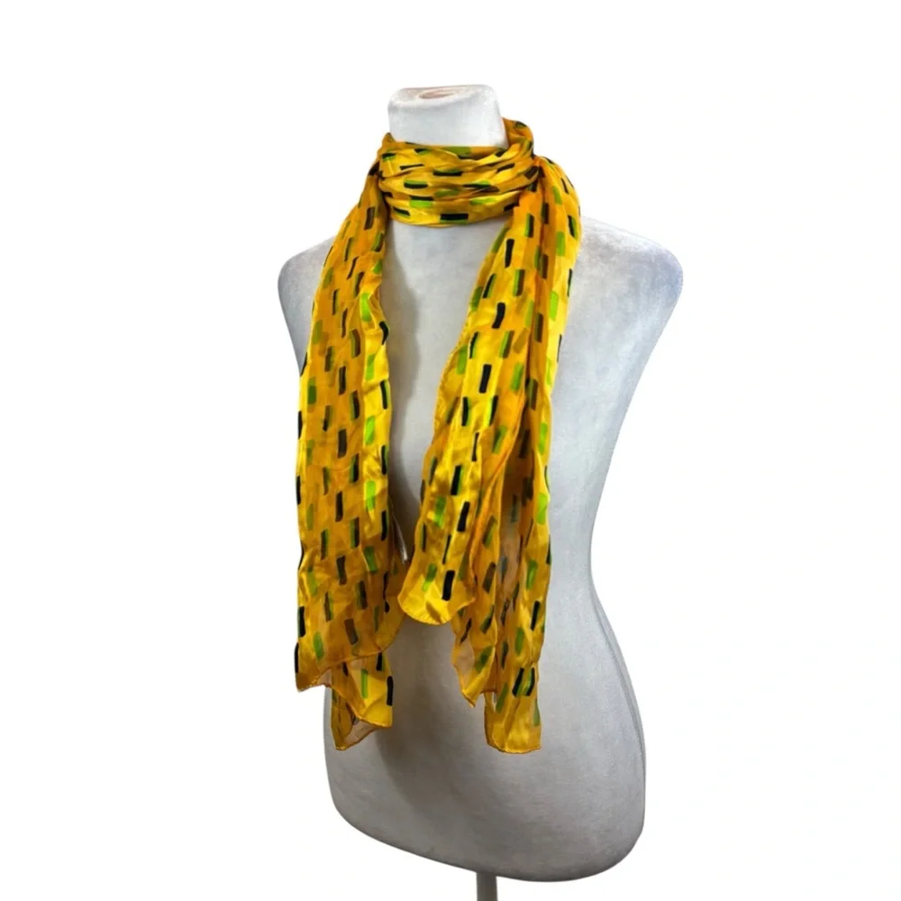 Ladies Vintage Hiroko‎ Kapp 100% Silk Neck Scarf, Yellow, Green and Black