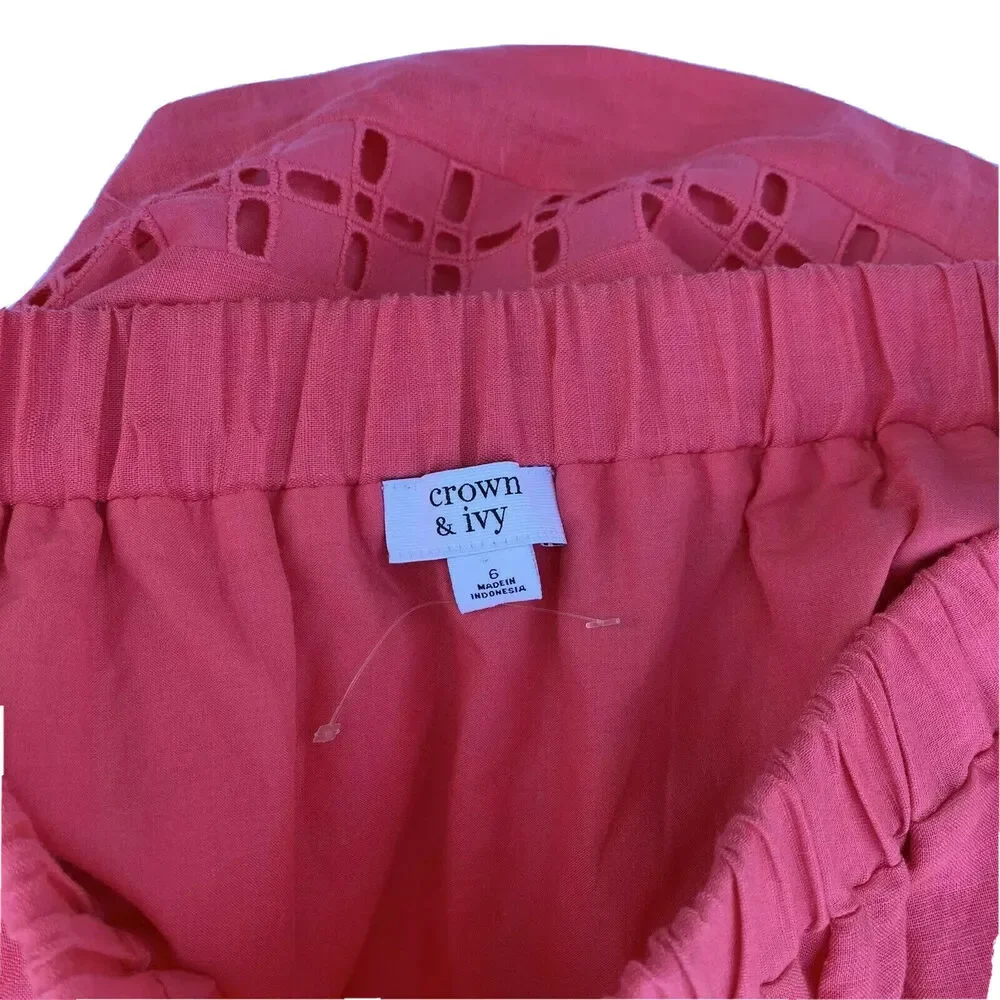 Crown & Ivy women coral reef Cut Out Eyelet Linen Elastic Waist Mini Skirt Sz 6