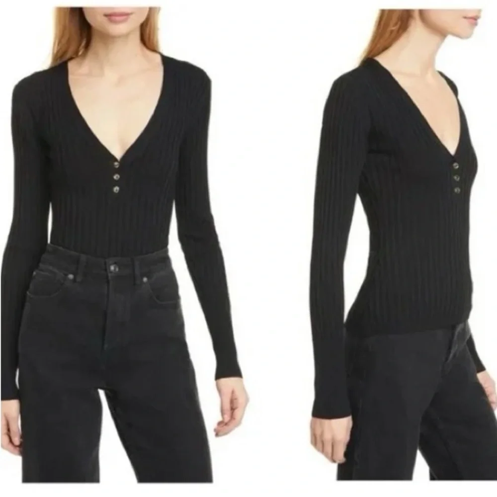 Nicholas Zia Ribbed Henley‎ Sweater Size Small Black V-Neck