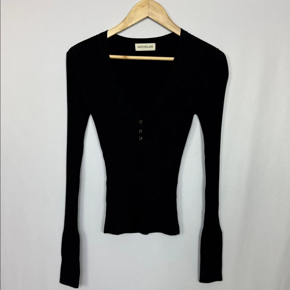 Nicholas Zia Ribbed Henley‎ Sweater Size Small Black V-Neck