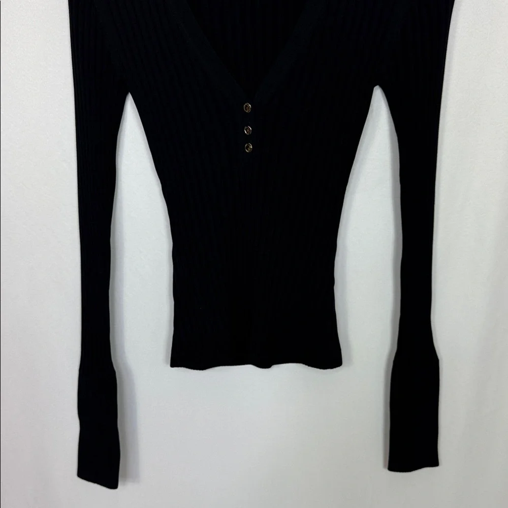 Nicholas Zia Ribbed Henley‎ Sweater Size Small Black V-Neck
