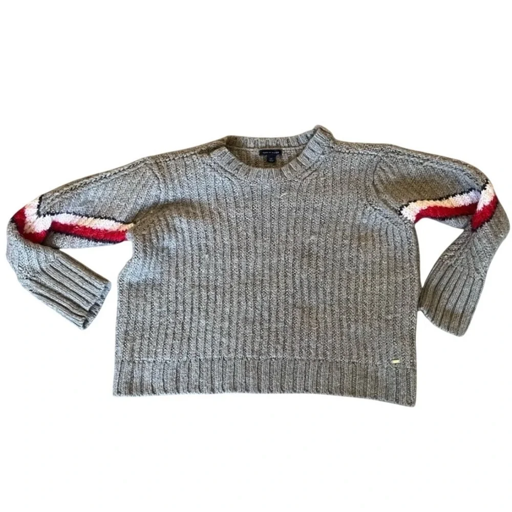 Tommy Hilfger Womens Small Chunky Knit Warm Grey Sweater Crew Neck