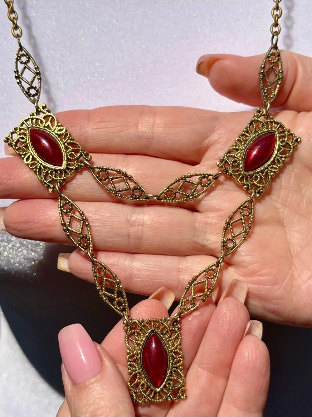 Vintage TOFFANO 1970s Red Cabochon Filigree Festoon Necklace