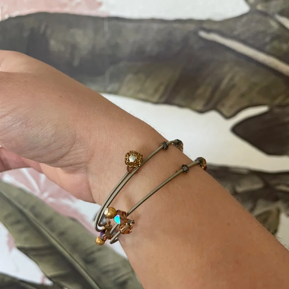 Swarovski elements beaded bracelets set of 2 adjustable aurora borealis brown