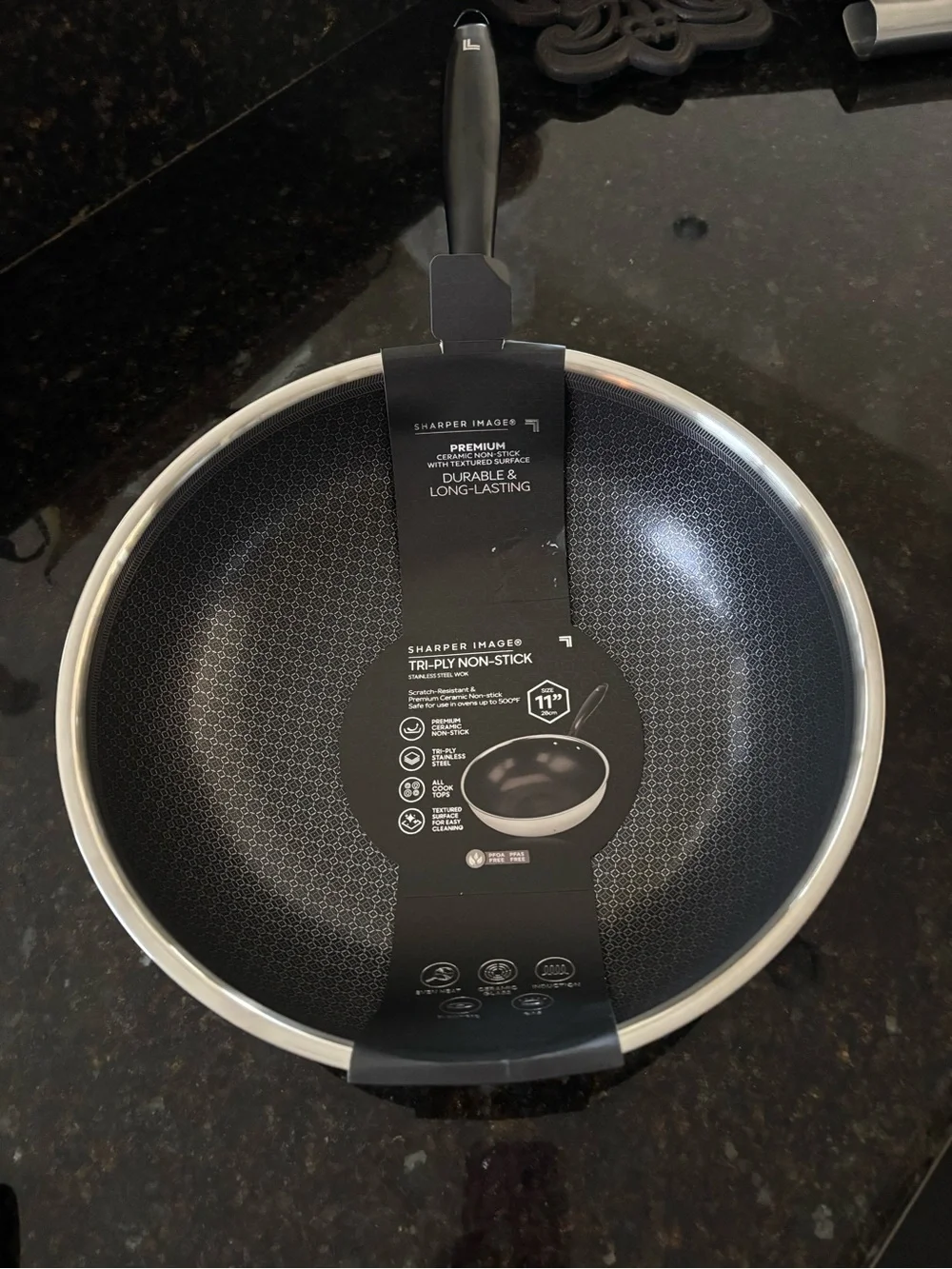 New!  Sharper Image 11” Black Tri-Ply Non-Stick Wok/Frying Pan
