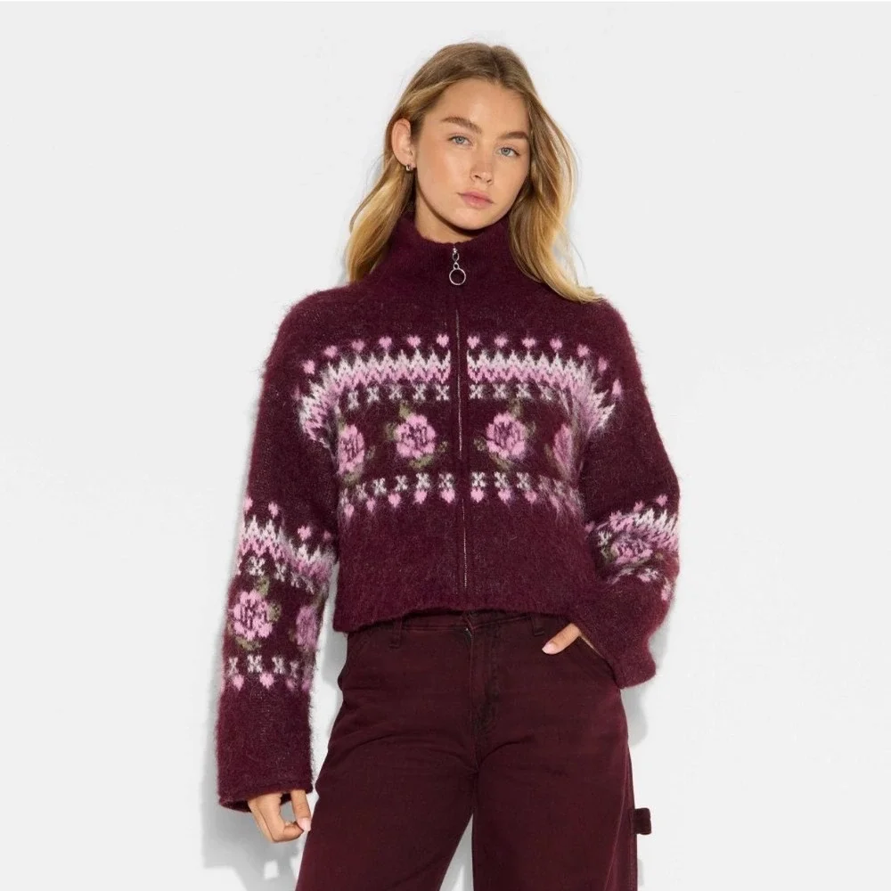 Wild Fable Burgundy Floral Fair Isle Zip Up Mock Neck Sweater XXL NWT