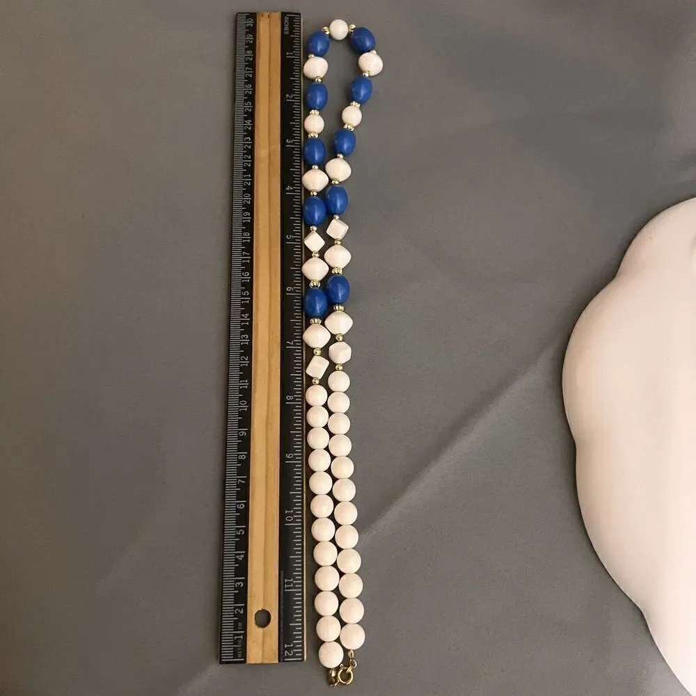 Vintage Lucite Necklace Blue White Gold Beads Chunky Beaded 24“ 4654