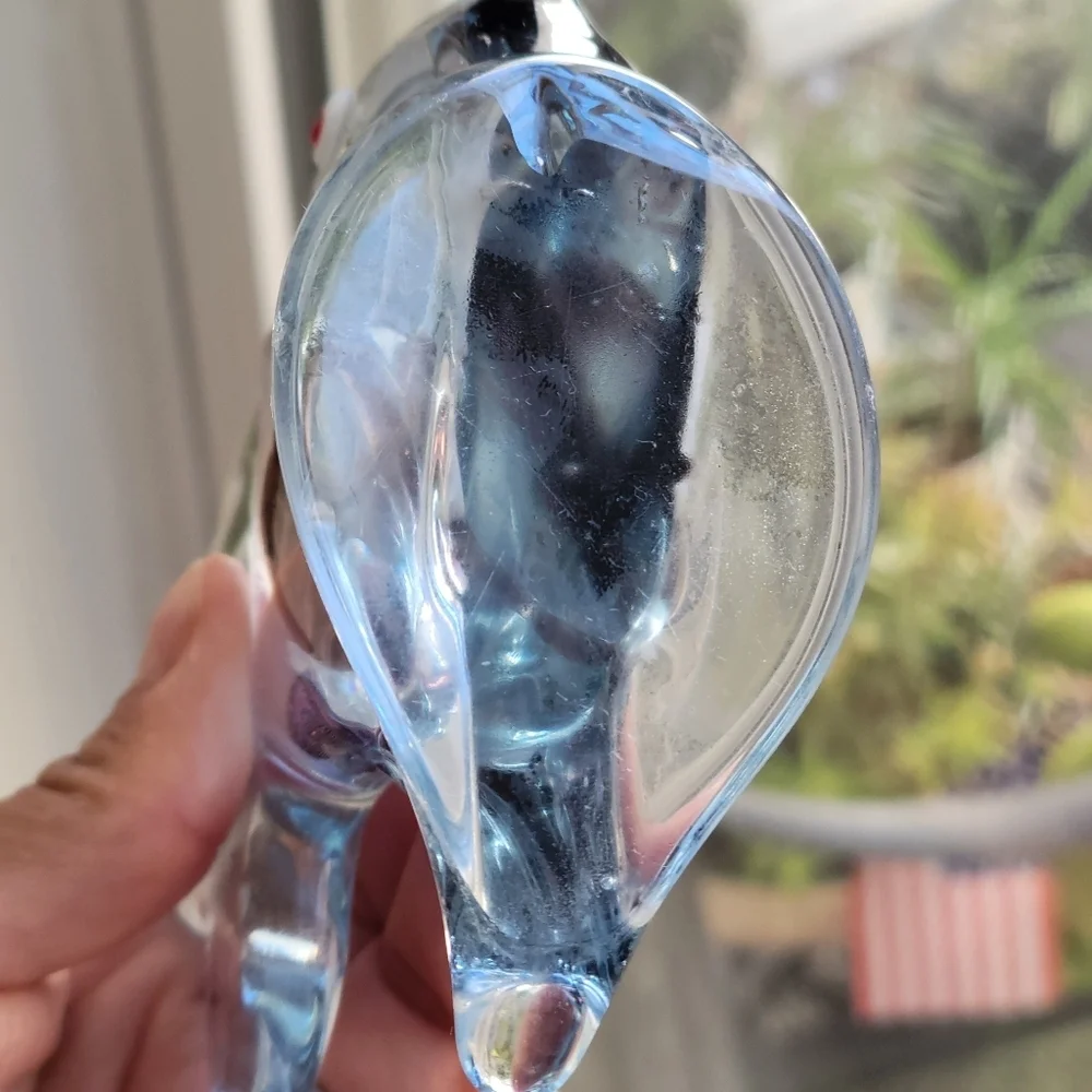 Murano-Style Art Glass Clear  Blue Fish Paperweight Red-Eyed Accent