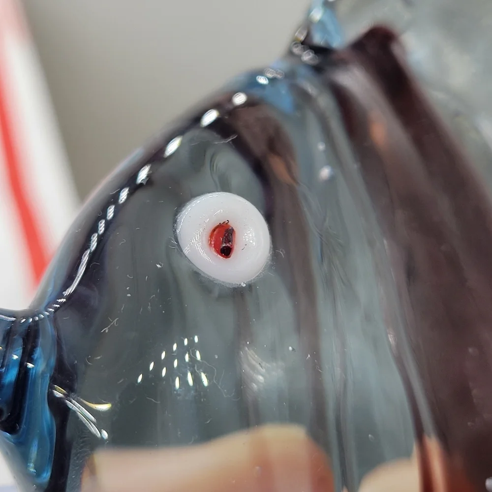 Murano-Style Art Glass Clear  Blue Fish Paperweight Red-Eyed Accent