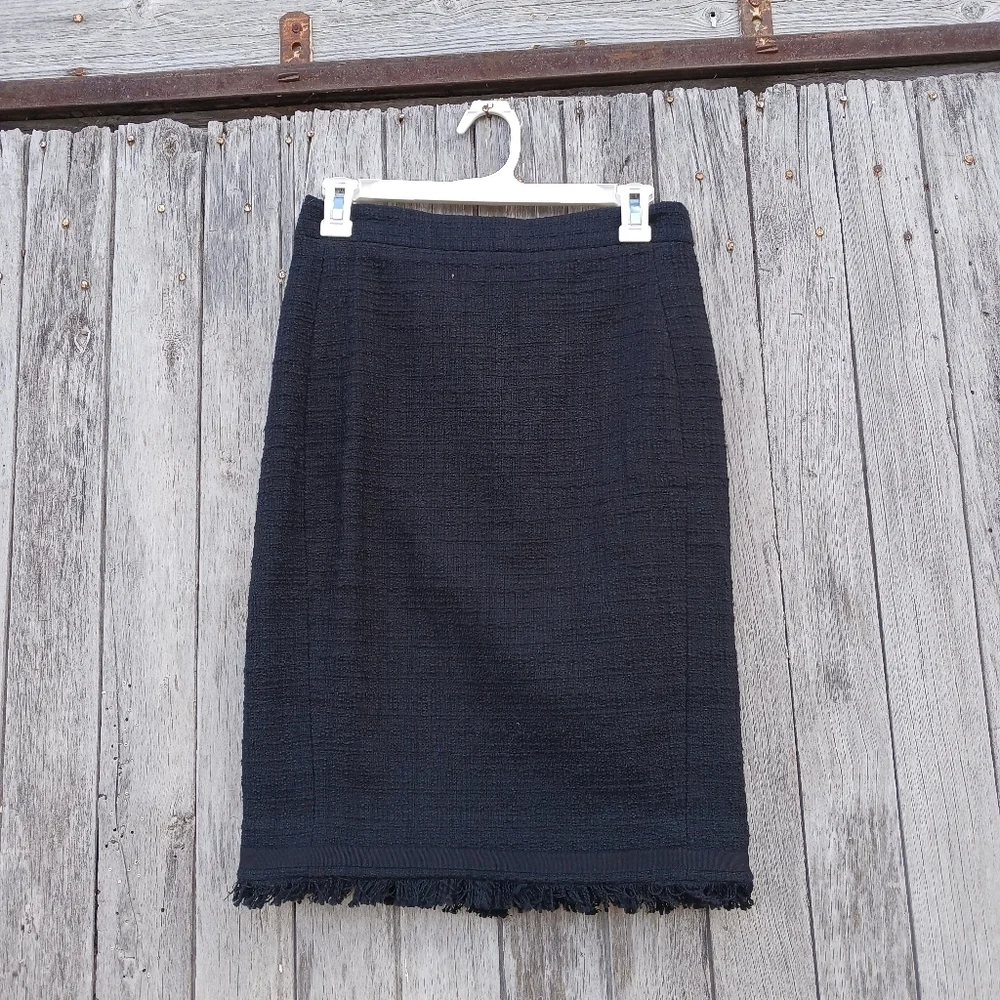 J. Crew‎ Womens Sz 0 Black Tweed Pencil Skirt Fringe Hem Textured  Knee Length