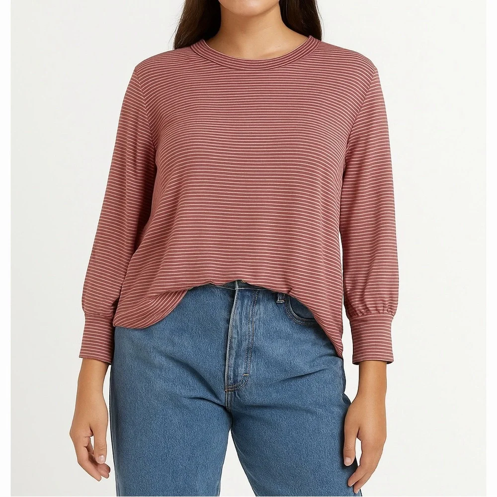 Mododoc LA | Retro Inspo Rust Stripe Statement Sleeve Soft Boxy T-Shirt