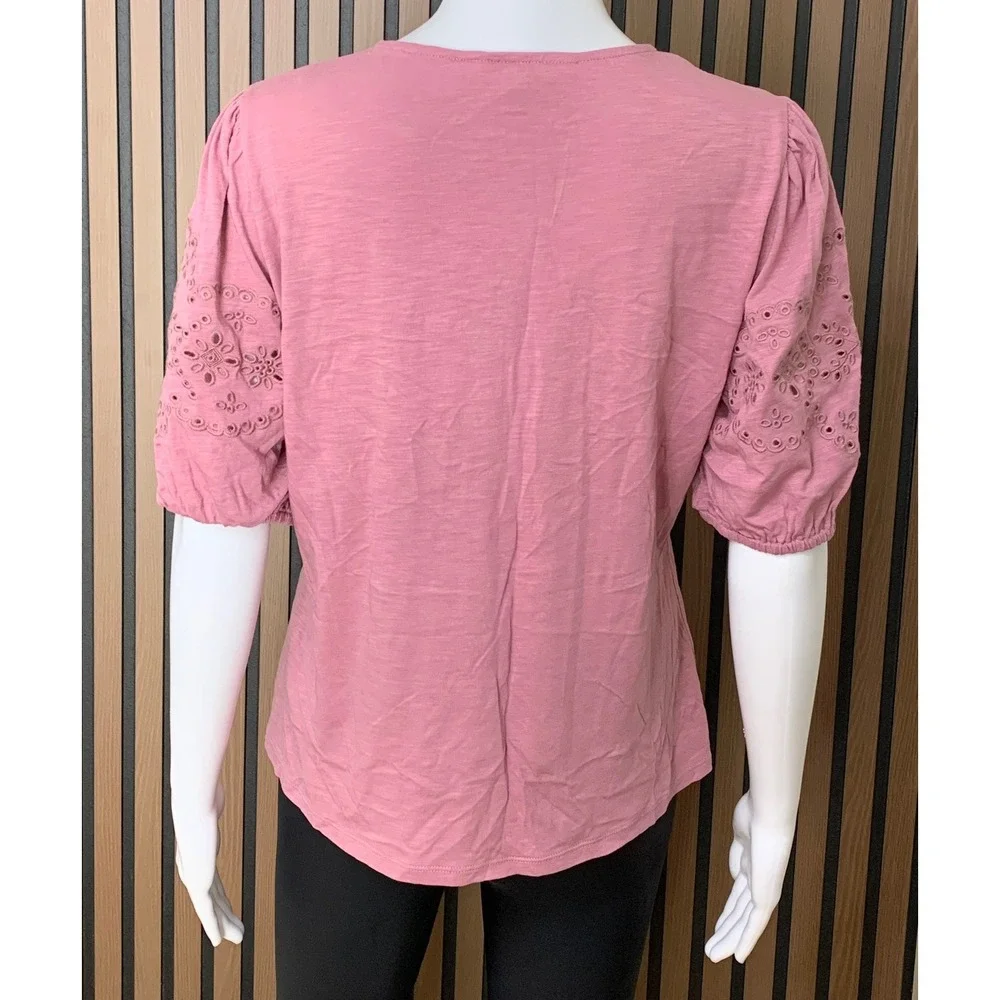 Boden Women's Pink Eyelet Embroidered Puff Sleeve Slub  Top US 10