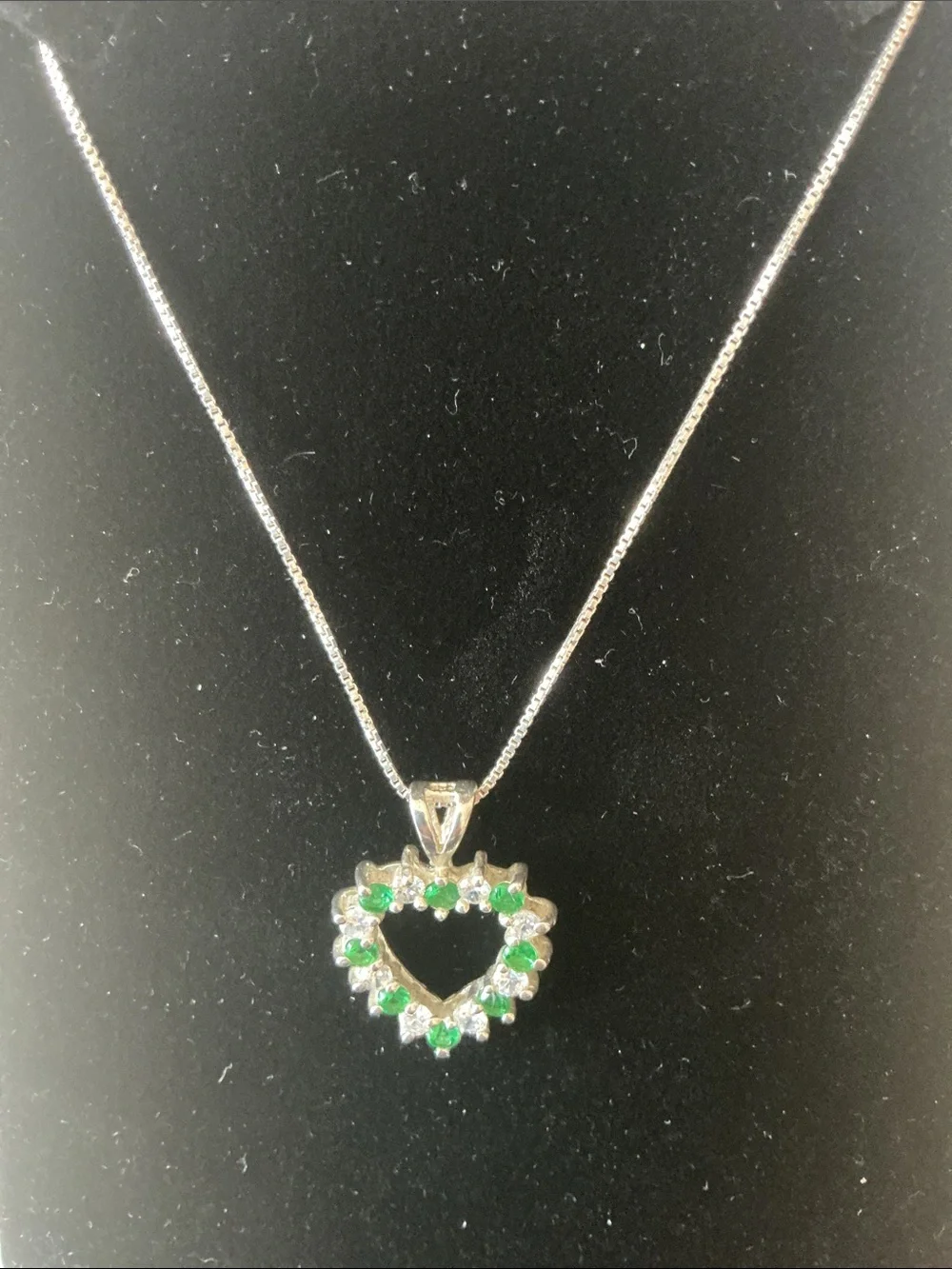 Sterling Silver Heart Pendant with Green and White CZ on Sterling Silver Chain