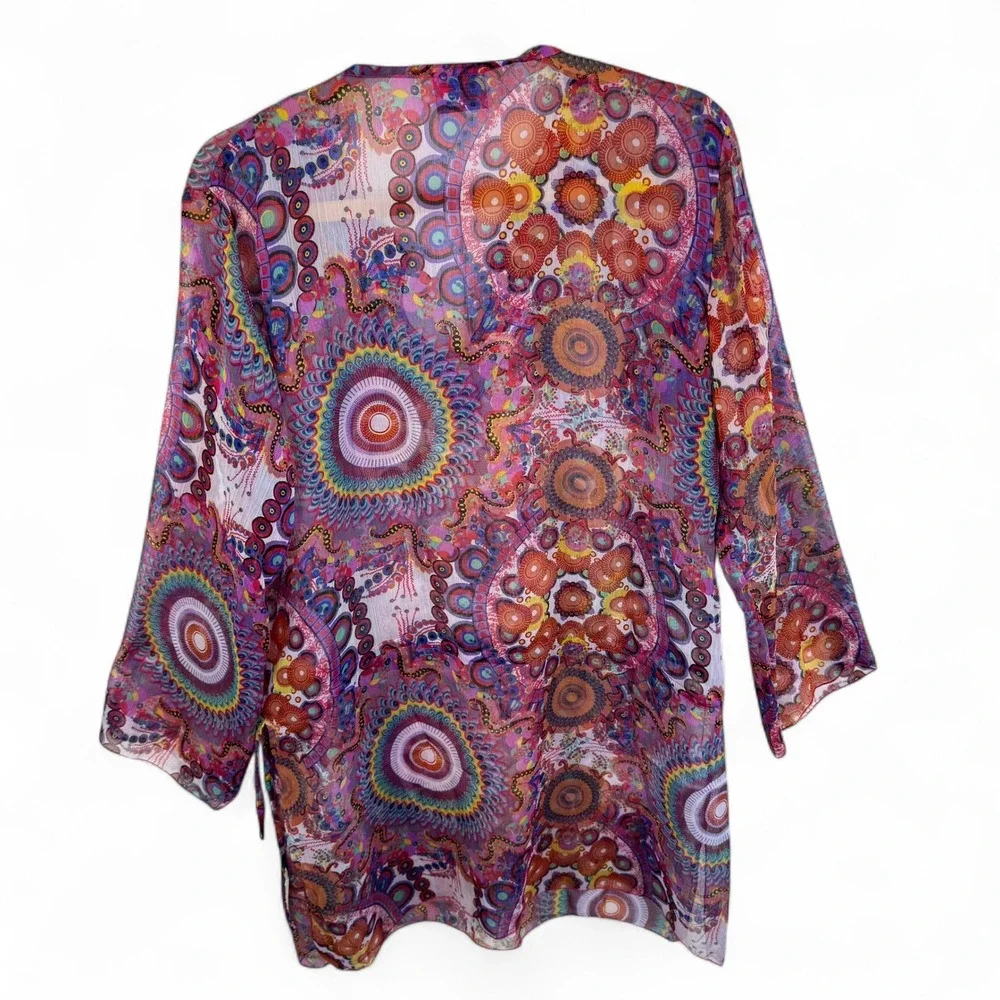 Khushbu Sheer Embellished Rhinestone Tunic‎ Top Mandala Paisley Print Pink Large