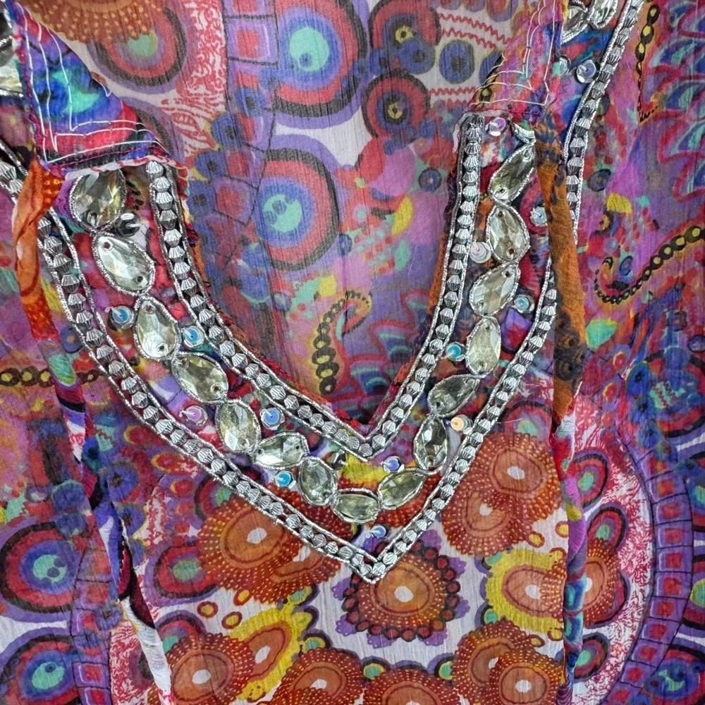 Khushbu Sheer Embellished Rhinestone Tunic‎ Top Mandala Paisley Print Pink Large