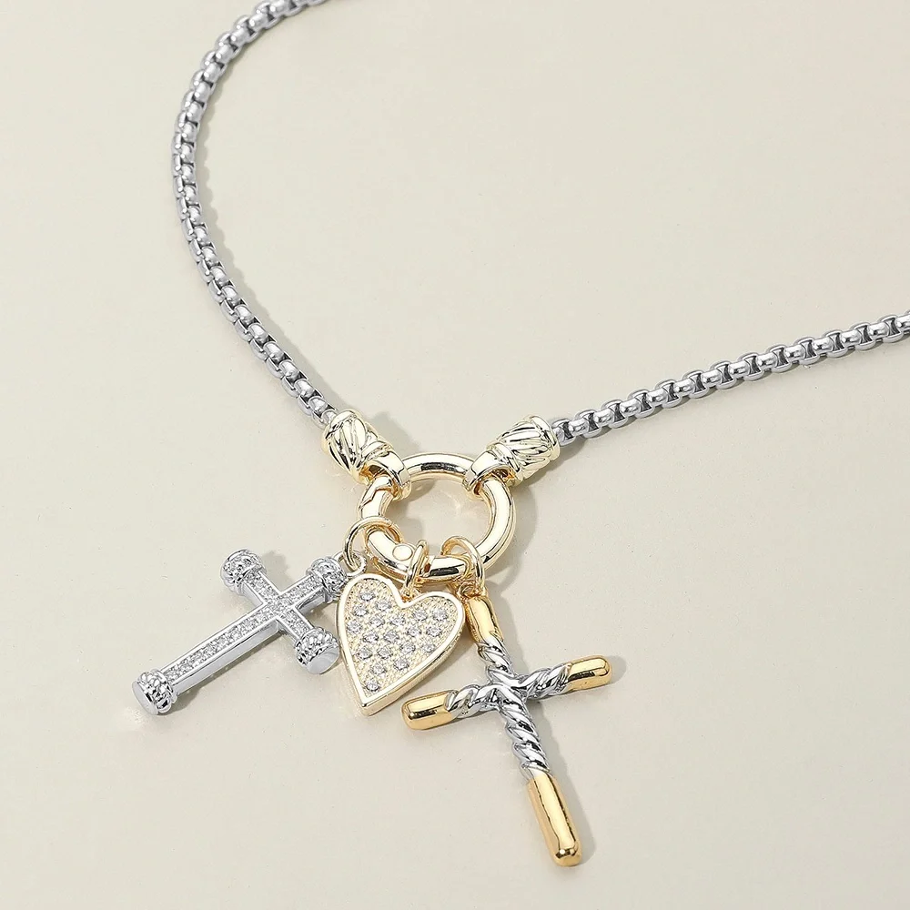 14K Gold Plated Two Tone CZ Stone Paved Heart Double Cross Charm Accent Necklace