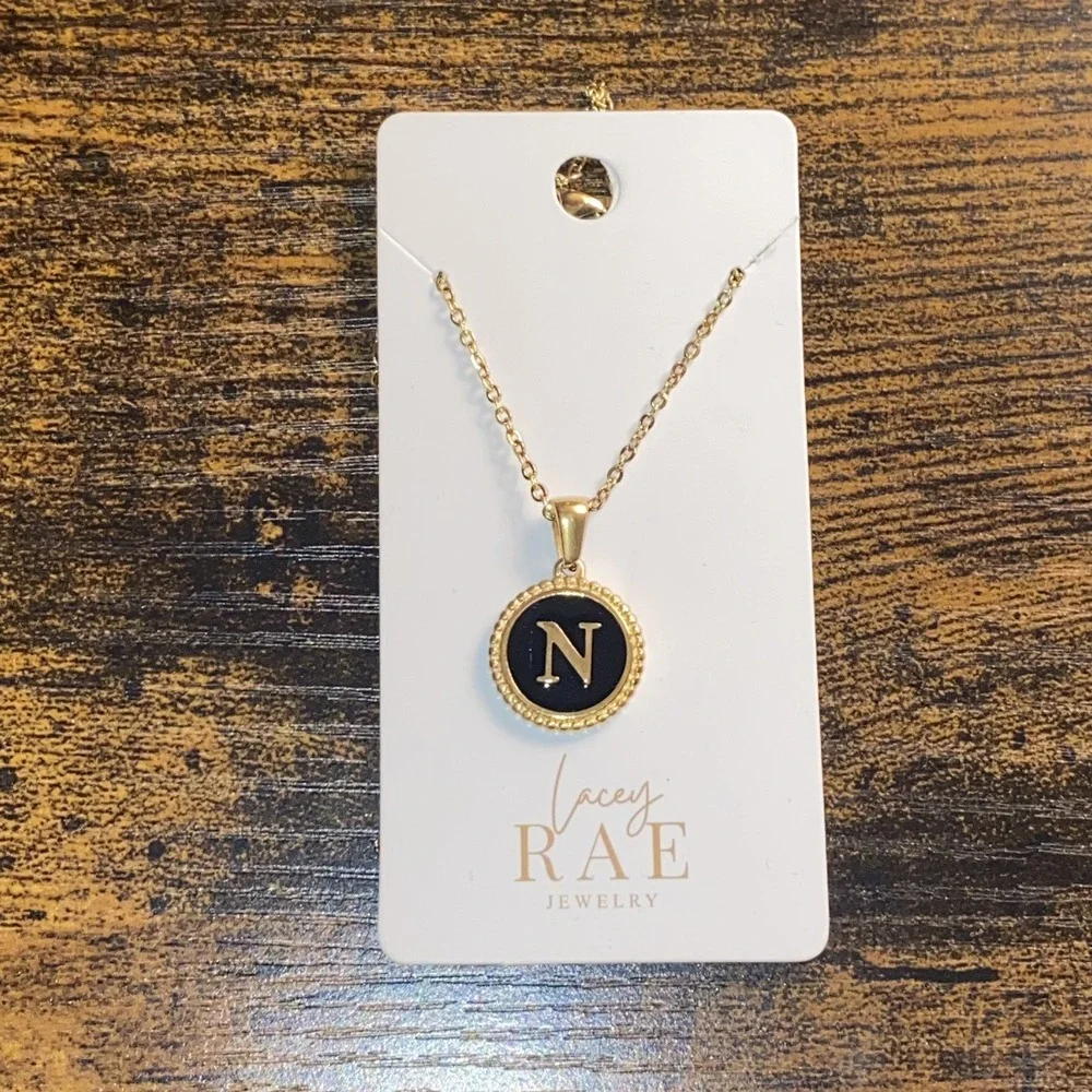 NEW‎ Trendy Initial Letter Graphic Pendant Round Black Charm Gold Necklace 